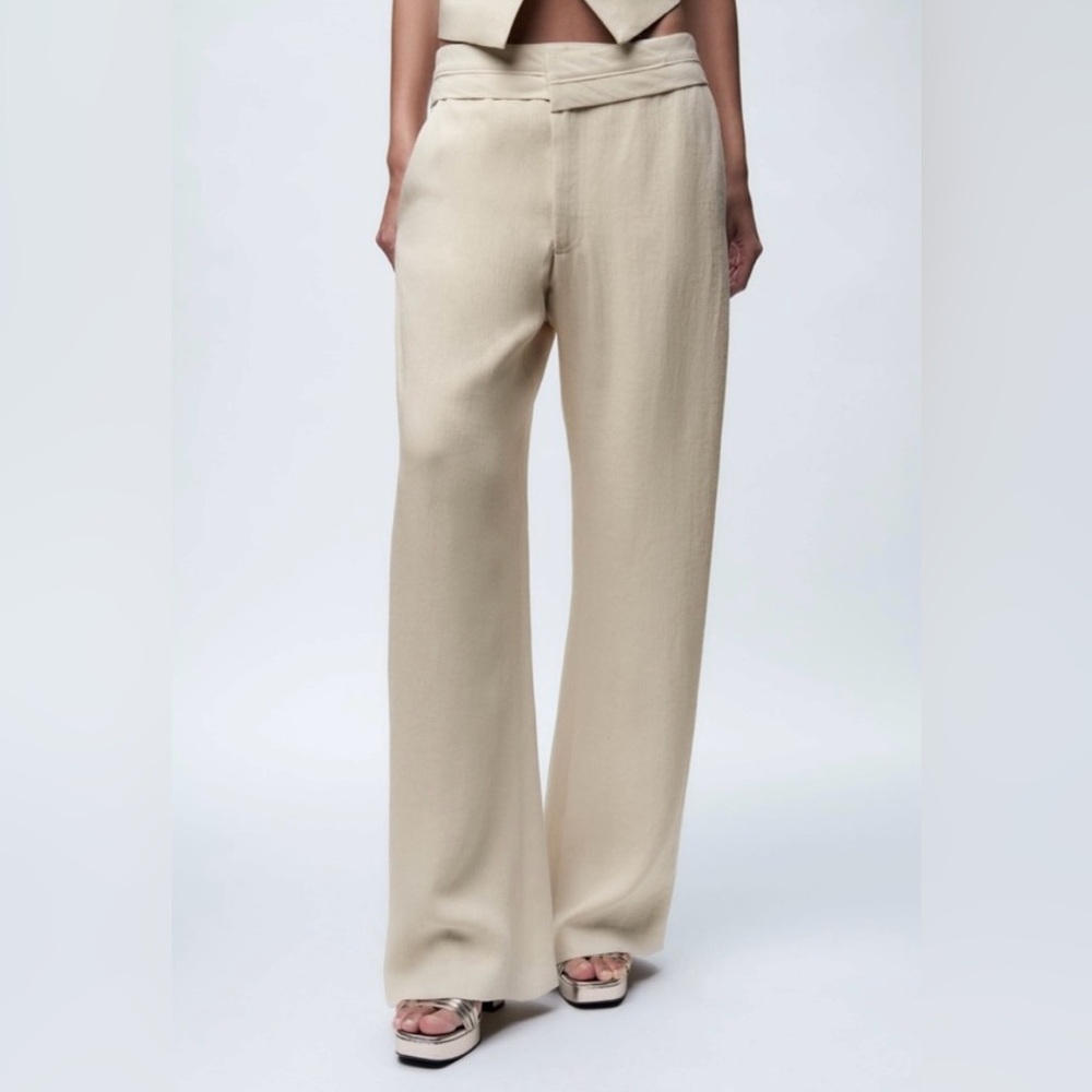 ZARA Ivory LINEN BLEND contrast waist pants NWT (Final Markdown)